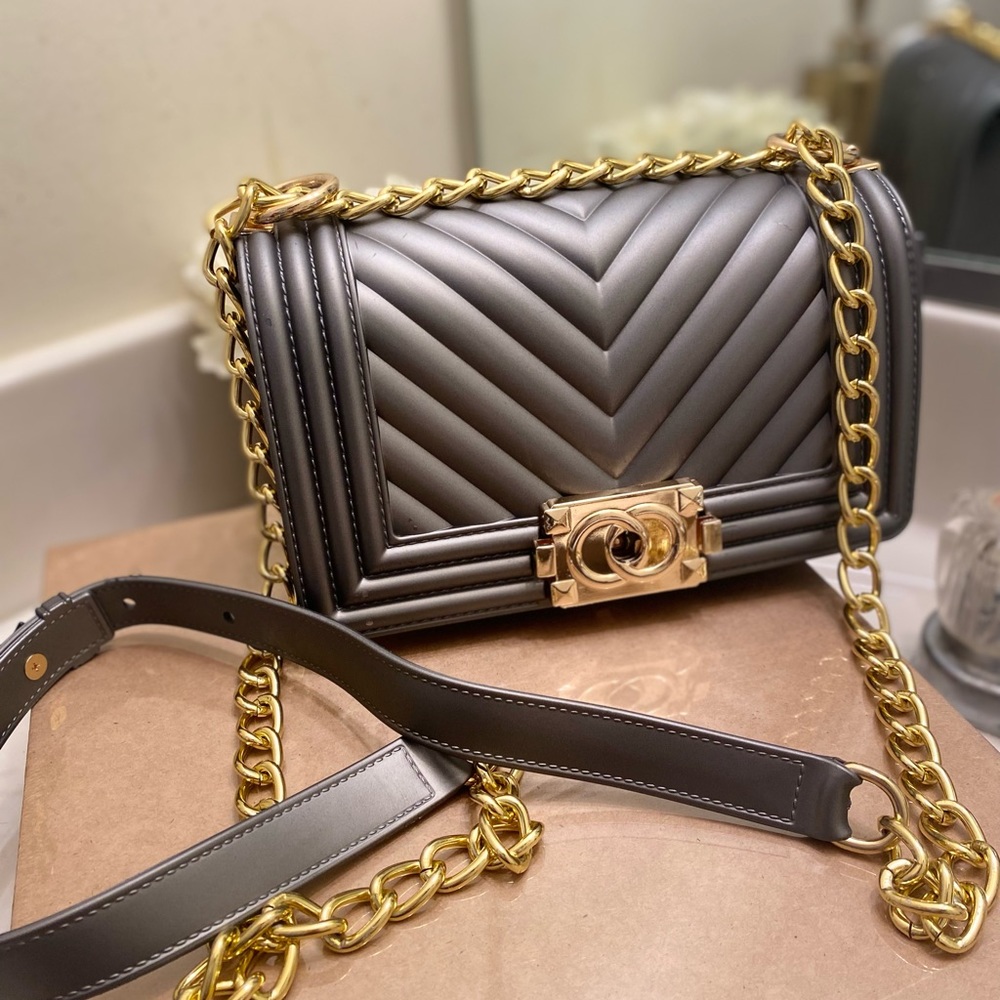 Gray Retractable Box Purse with gold chain